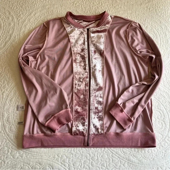 Crushed Velvet Bomber Jacket Women's Large Pink Front Zipper Light Top Y2K Glam - Picture 14 of 16